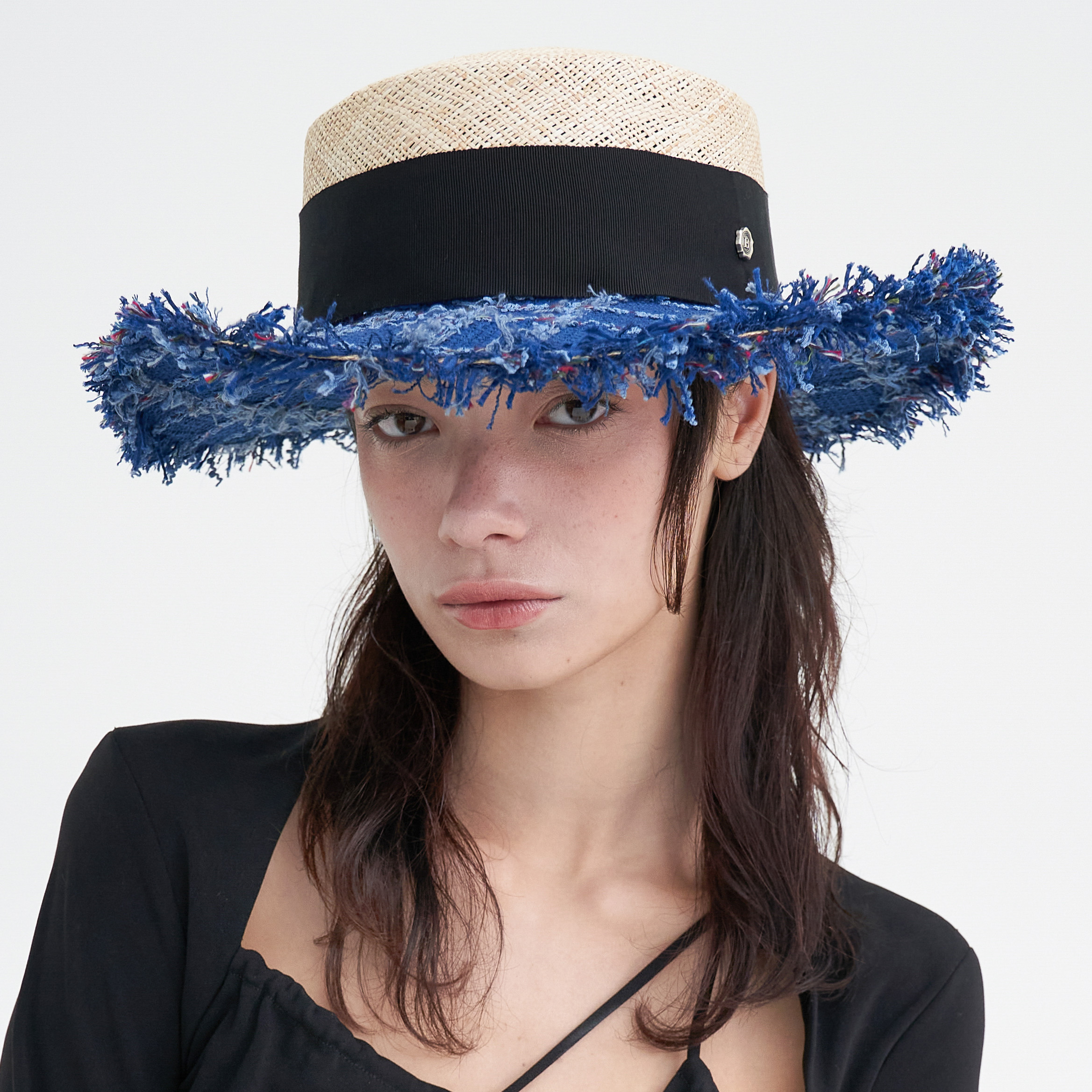 Wide Tweed Boater Hat - Royal Blue